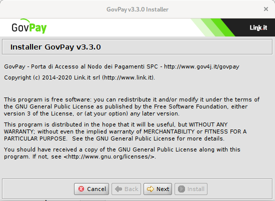 Pagina introduttiva all'avvio dell'Installer