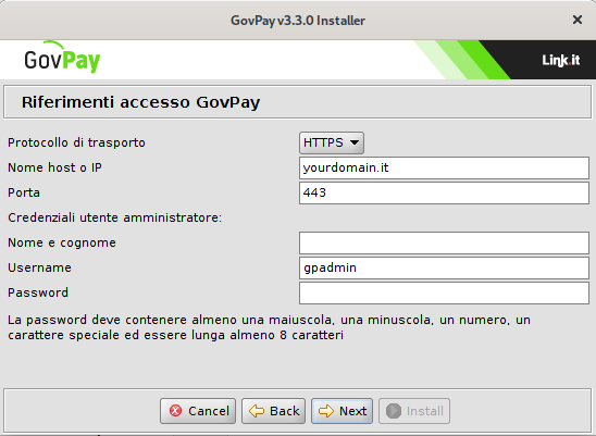 Pagina relativa ai Riferimenti Accesso GovPay