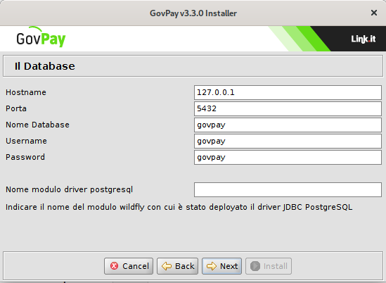 Pagina relativa alle informazioni di accesso al database