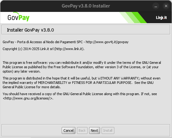 Pagina introduttiva all'avvio dell'Installer