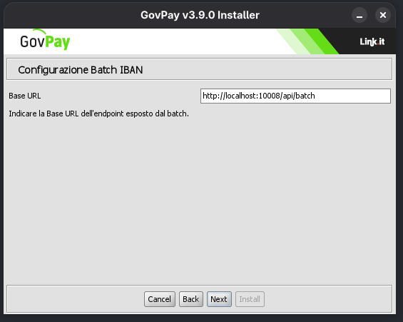 Pagina relativa alla configurazione del batch IBAN